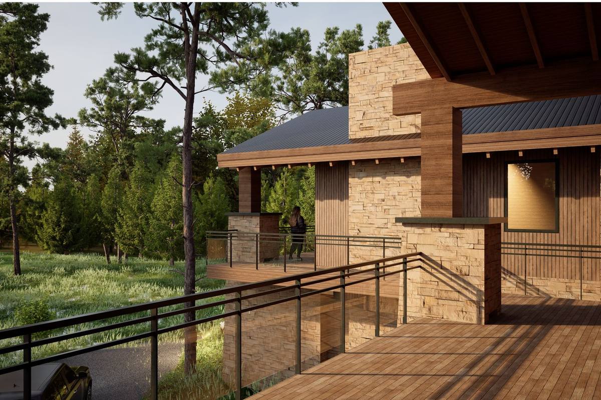 Covered deck with stone and timber detail — Park City rendering